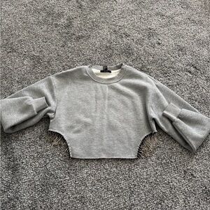 Gray Cropped Sweatshirt with Fringe Detail